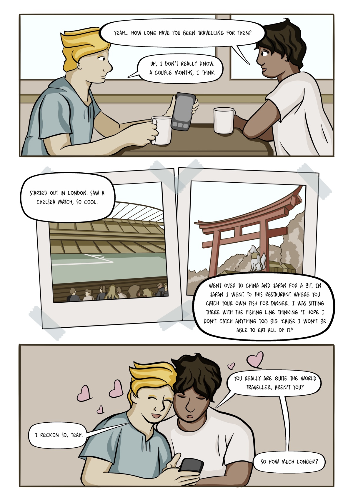 Digital Comic page of Sunset Chaser, with the two main characters discussing travel around Europe and Japan
